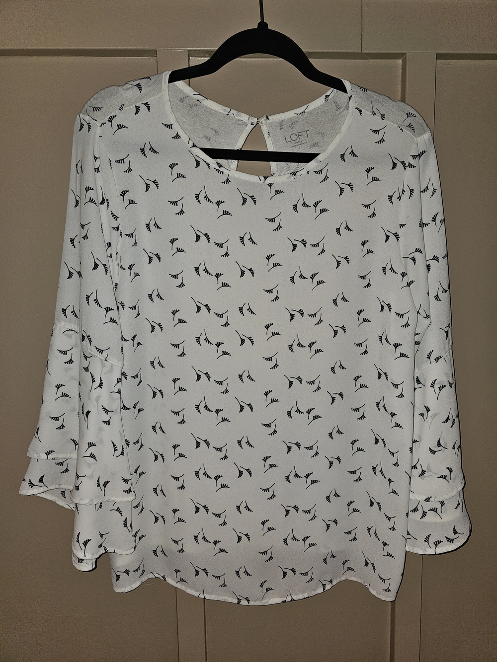LOFT White Printed Ruffle-Sleeve Blouse